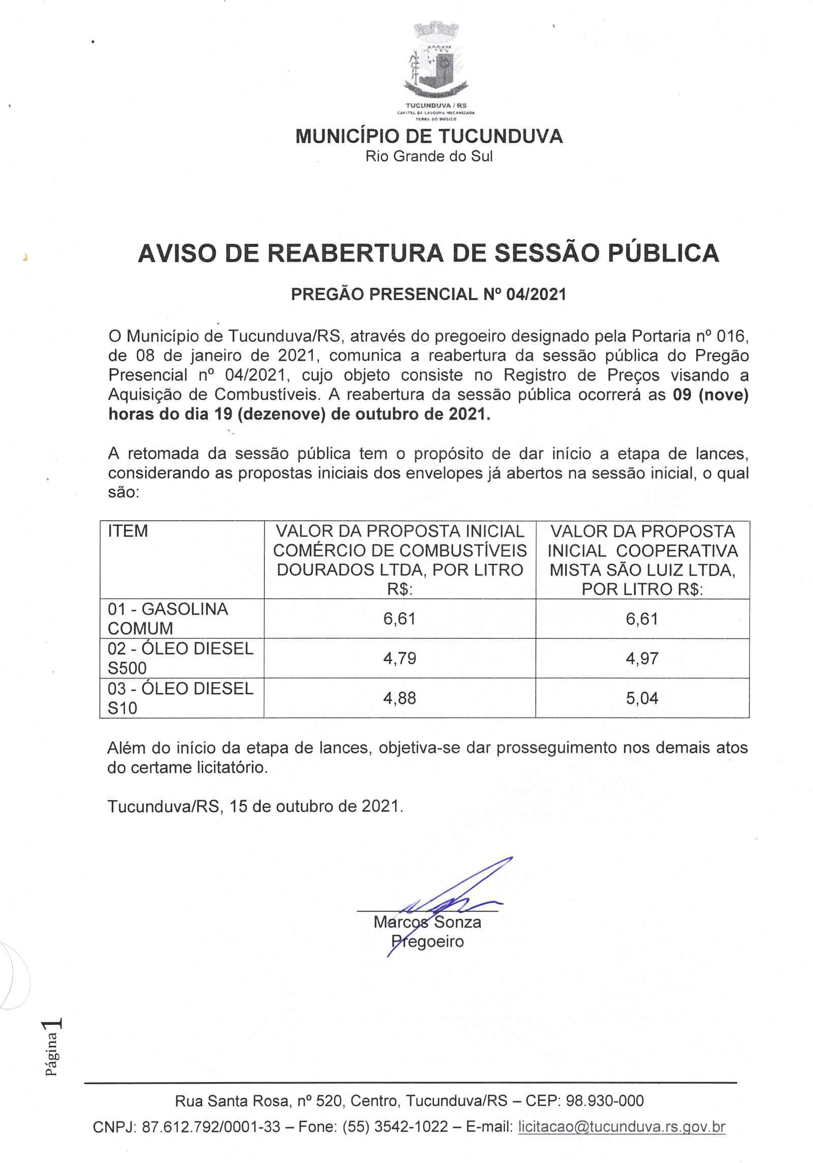  AVISO DE REABERTURA DE SESSÃO PÚBLICA - PREGÃO PRESENCIAL Nº 04_2021 - SRP  - COMBUSTÍVEIS